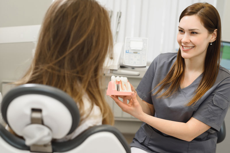 a periodontist showing a patient a dental implant model so she can explain to her how her dental implants will be placed.
